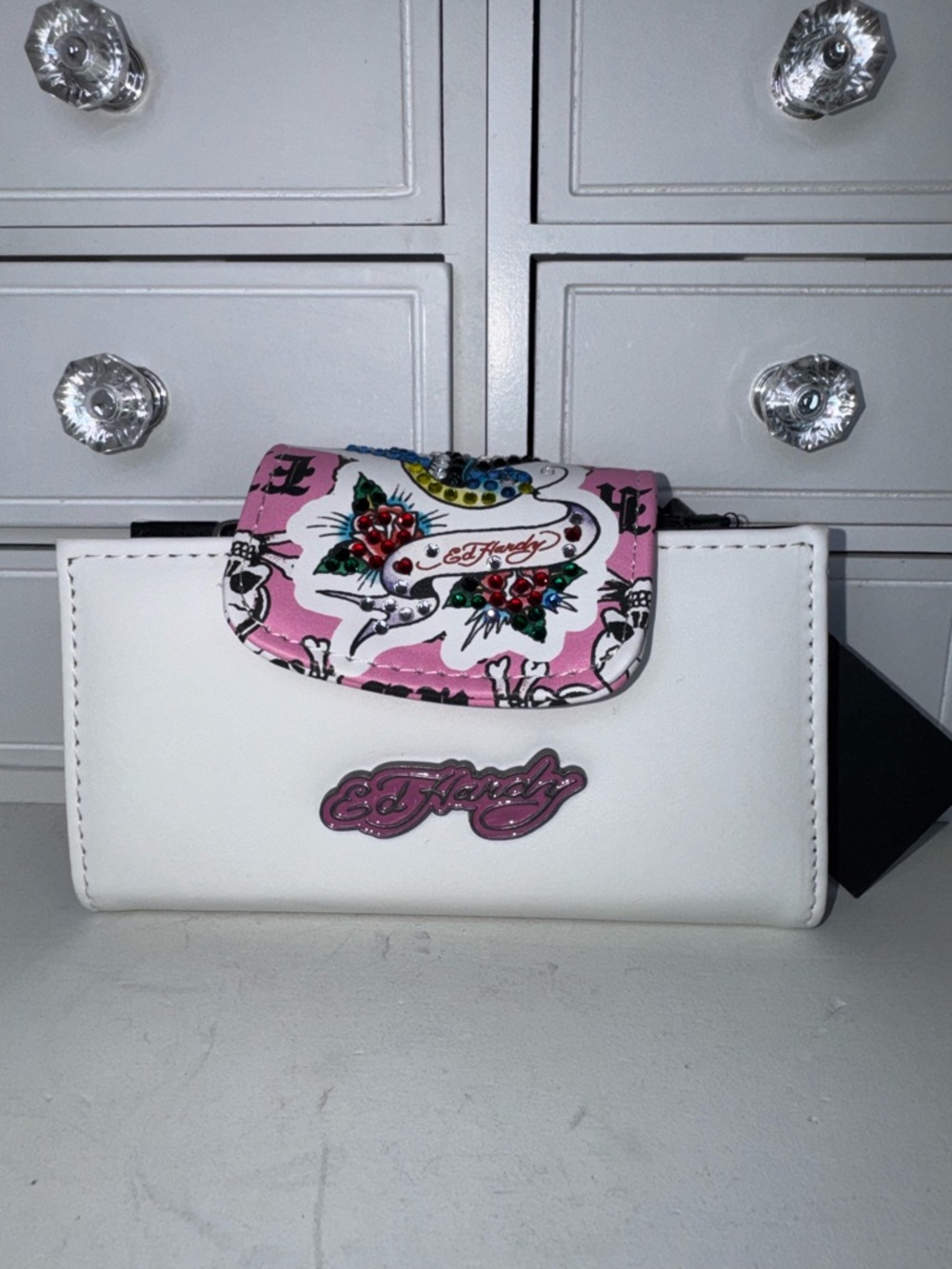 NW Ed Hardy White Wallet with Pink Floral-Print Flap